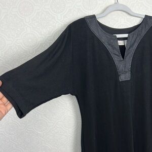 Chicos Tunic Black Shirt 3/4‎ Sleeve Blouse Vneck Casual Faux Leather